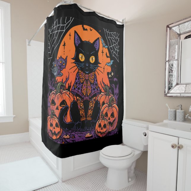 Rideaux De Douche  Halloween,Le rôdeur du champ de citrouilles,Chat  (En situation)
