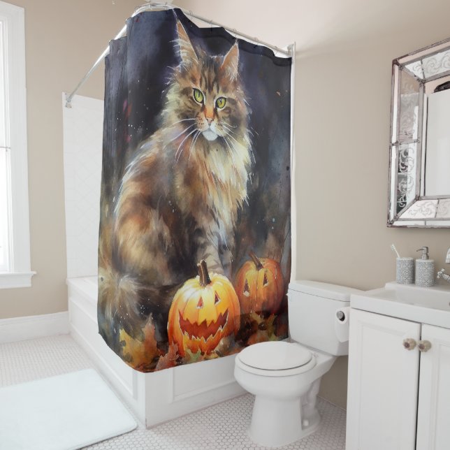 Rideaux De Douche Halloween Maine Coon Chat Avec Crainte Citrouille (En situation)