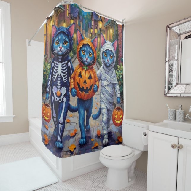 Rideaux De Douche Halloween Orientale Bleue Chats Trick-or-Treating (En situation)
