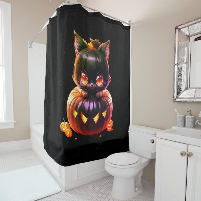 Rideaux De Douche Halloween Party Chat noir Citrouille Horreur (En situation)