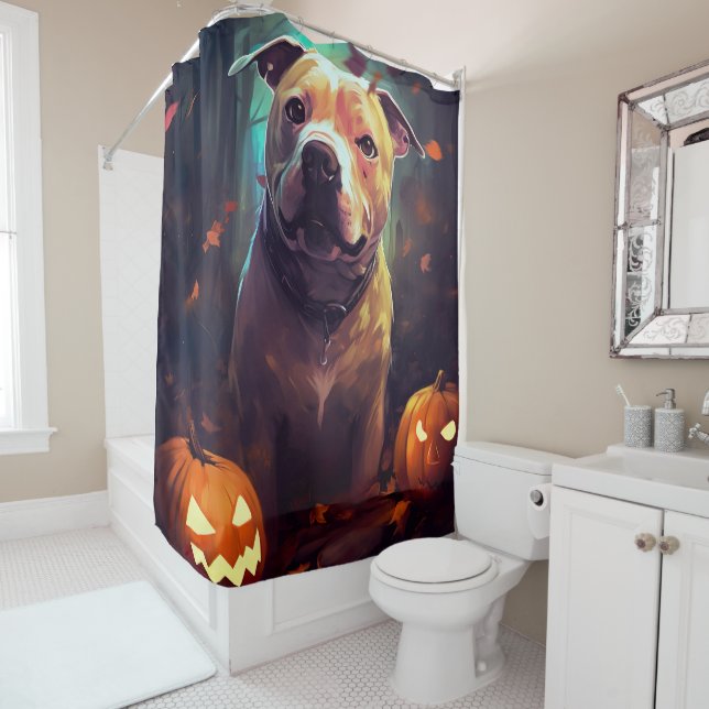 Rideaux De Douche Halloween Pitbull avec citrouilles effrayant (En situation)