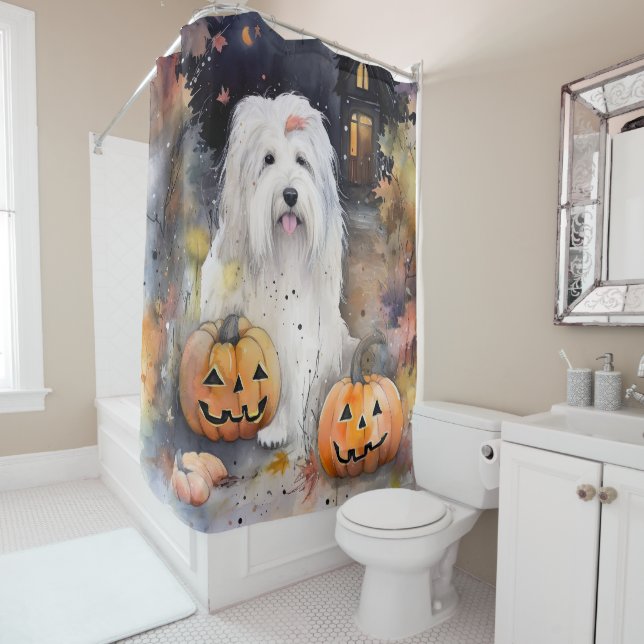 Rideaux De Douche Halloween vieux chien anglais avec la peur Citroui (En situation)