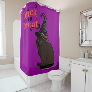 Rideaux De Douche Halloween Whimsical mignonne sorcière chat pourpre