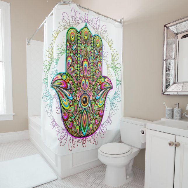 Rideaux De Douche Hamsa Fatma Main Psychedelic Art (En situation)