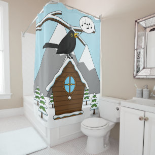 Rideaux De Douche Happy Blackbird chanter dans le paysage hivernal