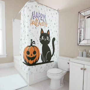 Rideaux De Douche Happy Halloween chat et citrouille