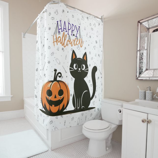 Rideaux De Douche Happy Halloween chat et citrouille (En situation)