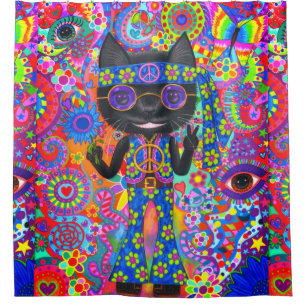 Rideaux De Douche Happy Hippie Chat Lunettes de soleil Paix Signale 