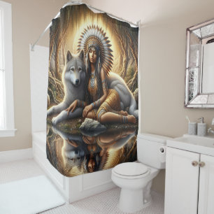 Rideaux De Douche Harmonie de l'esprit autochtone avec un loup au cr