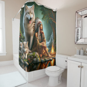 Rideaux De Douche Harmonie entre Indiens autochtones et loups dans l