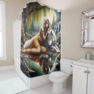 Rideaux De Douche Harmonie entre une Indienne autochtone et un loup