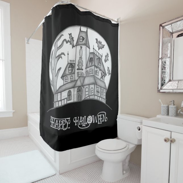 Rideaux De Douche Haunted House and Bats Halloween (En situation)