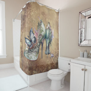 Rideaux De Douche Haut talons de mode vintage avec papillon floral
