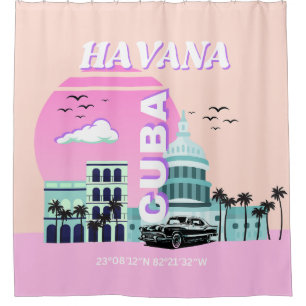 Rideaux De Douche Havana Cuba Pink Travel Art