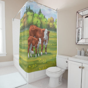 Rideaux De Douche Hereford Cow & Cute Calf dans les pâturages d'été
