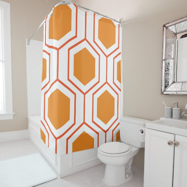 Rideaux De Douche Hexagon abstract geometrical pattern en orange et (En situation)