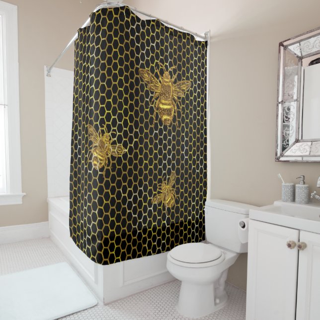 Rideaux De Douche Hexagre dorée Queen Bee Gold Hexagon Beehive (En situation)