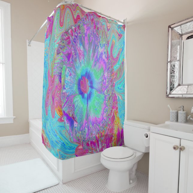 Rideaux De Douche Hibiscus Bleu Rétro Psychedélique Arc-en-Ciel (En situation)