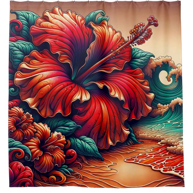 Rideaux De Douche "Hibiscus et vagues océaniques - Art Floral vibran (Devant)