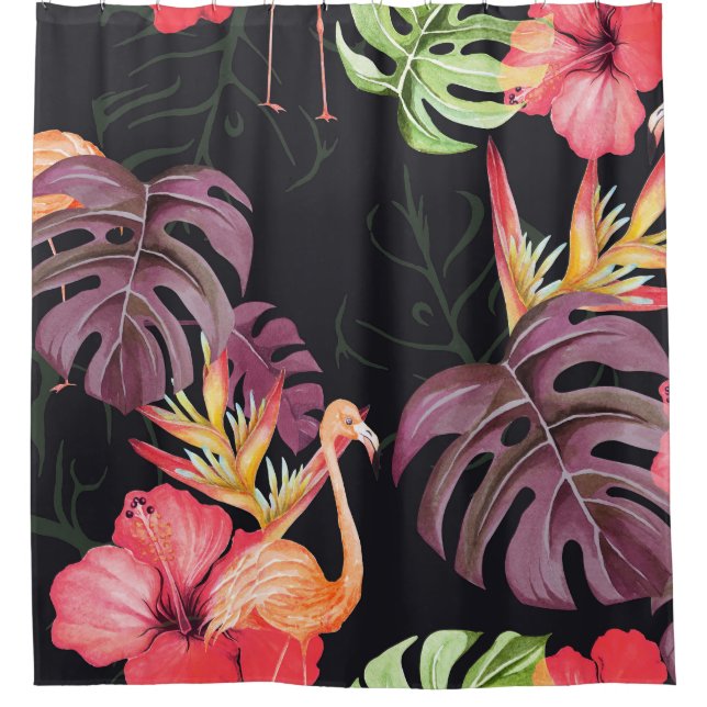Rideaux De Douche Hibiscus, Flamants roses, Aquarelle Motif tropical (Devant)