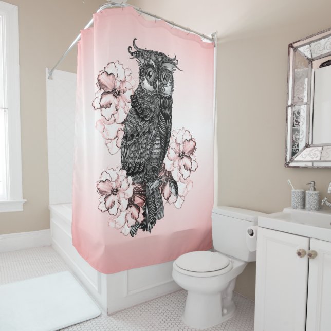 Rideaux De Douche Hibiscus Rose Chouette Grise (En situation)