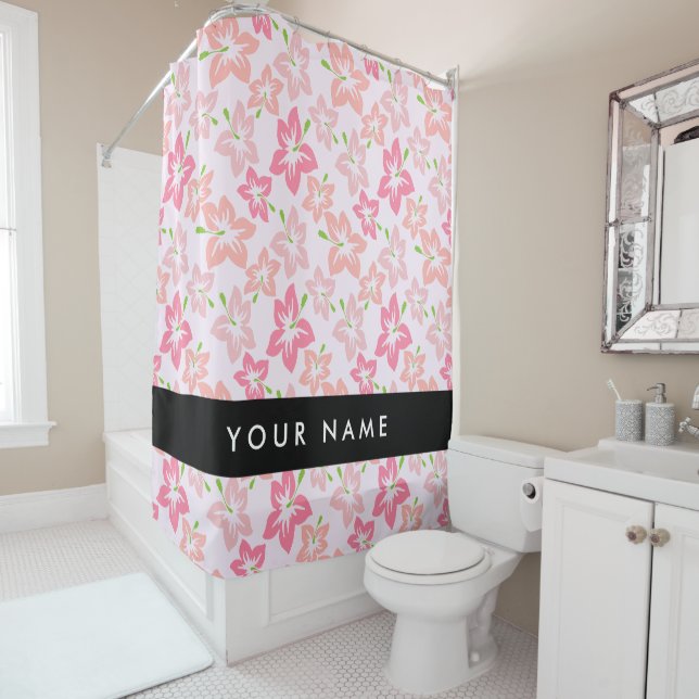 Rideaux De Douche Hibiscus rose, Fleurs roses, Votre nom (En situation)