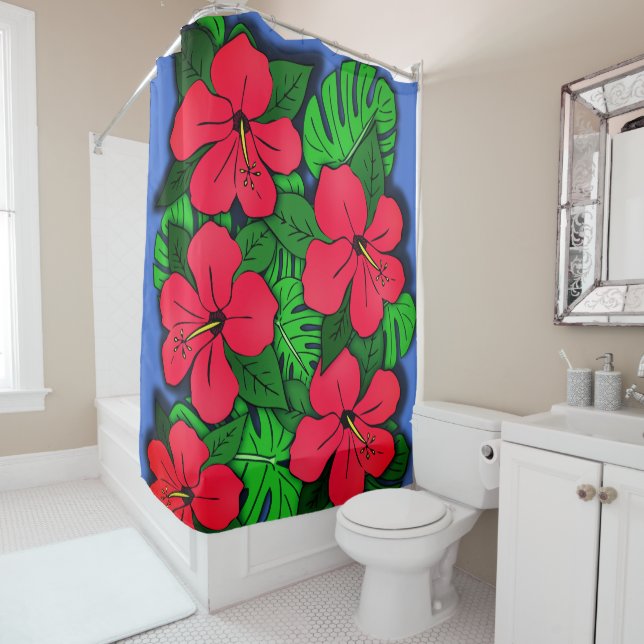 Rideaux De Douche Hibiscus rouge & Monstera (En situation)