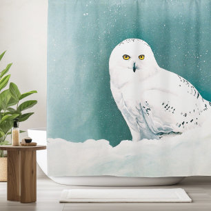 Rideaux De Douche Hibou blanc ciel arctique hiver neige sarcelle