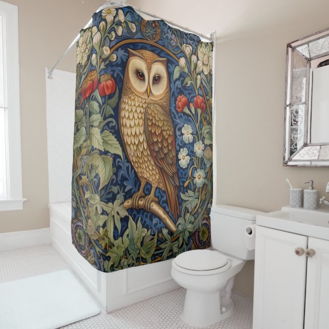 Rideaux De Douche Hibou dans le jardin style William Morris (En situation)