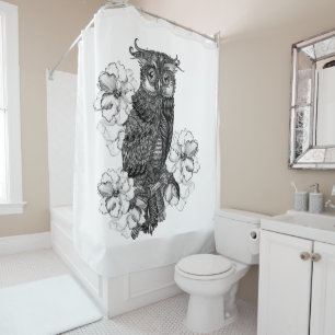Rideaux De Douche Hibou gris Orchidées blanches