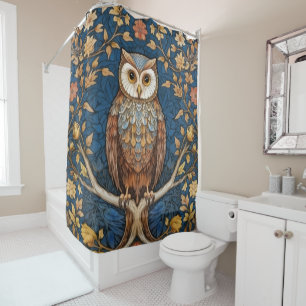 Rideaux De Douche Hibou sur une branche bleu automne arrière - plan 