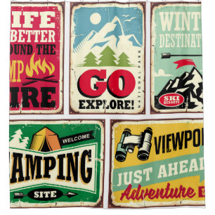 Rideaux De Douche Hiking and camping retro signs collection. Outdoor
