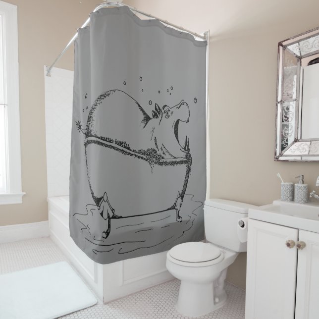 Rideaux De Douche Hippo Bath Illustration amusante Gris Noir (En situation)
