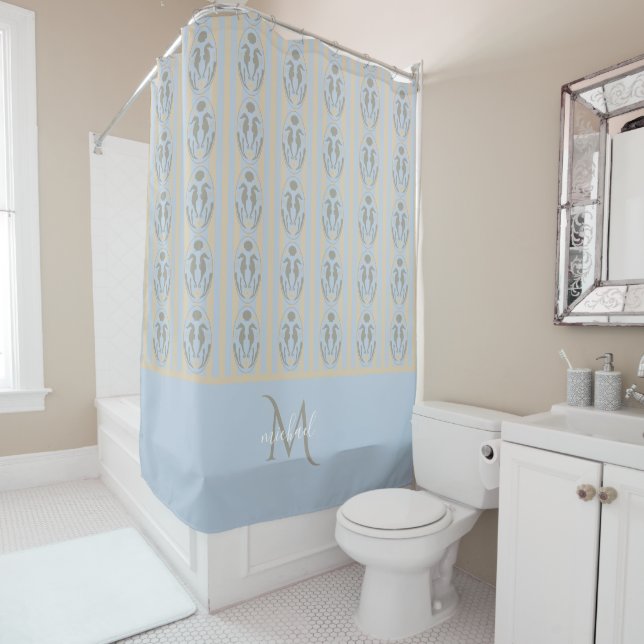 Rideaux De Douche Hippocampe côtier Cameo bleu crème rayé Monogramme (En situation)