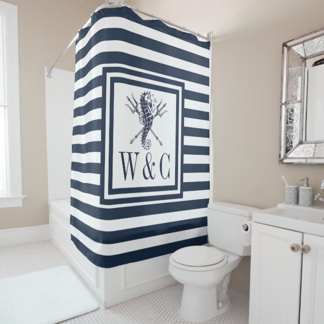 Rideaux De Douche Hippocampe Monogramme Bleu Marine Rayé Marin (En situation)