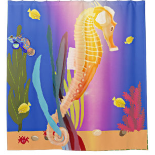 Rideaux De Douche Hippocampe orange attaché à une algue marine