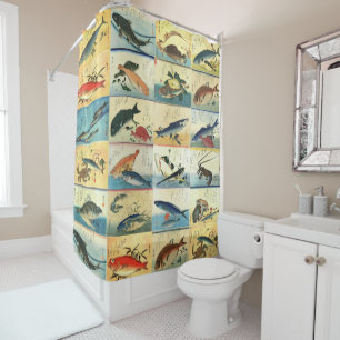 Rideaux De Douche Hiroshige : Un hameau de poissons Imprimés de pois