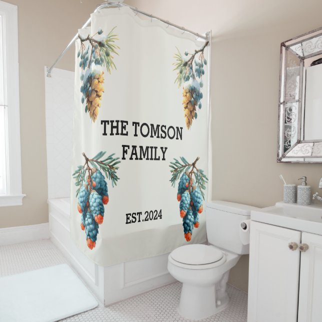 Rideaux De Douche Hiver Pine Cones Nom de famille Design (En situation)