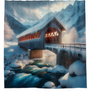 Rideaux De Douche Hiver, pont enneigé et rivière