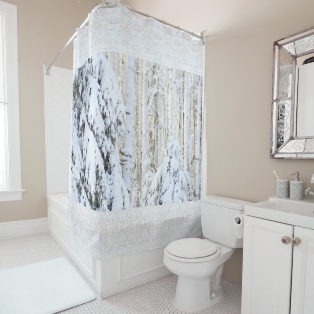 Rideaux De Douche Hiver Sun sur la forêt de peuplier de sapin blanc (En situation)