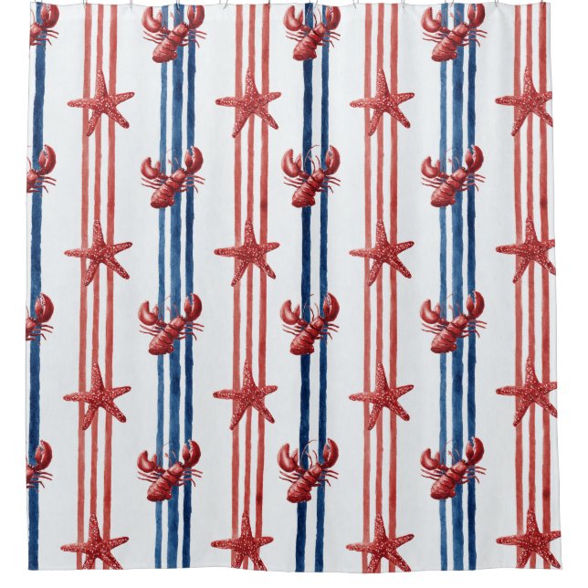 Rideaux De Douche Homard Rouge Blanc Bleu Patriotique Étoiles (1) (Devant)