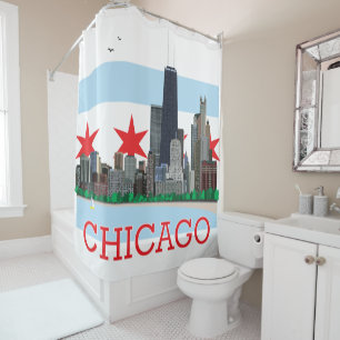 Rideaux De Douche Horizon de Chicago et drapeau de ville