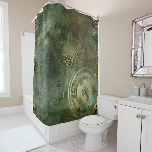 Rideaux De Douche Horloge Classique Steampunk Émeraude Verte (En situation)