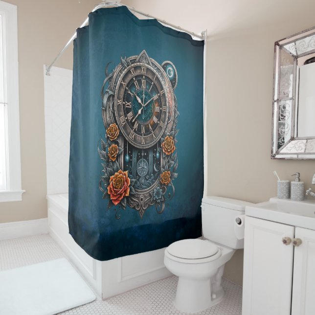 Rideaux De Douche Horloge Steampunk Ornate avec Roses. (En situation)