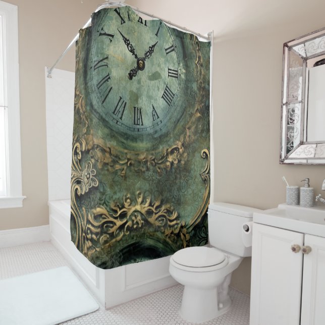 Rideaux De Douche Horloge Steampunk Rustique Vert Emeraude (En situation)