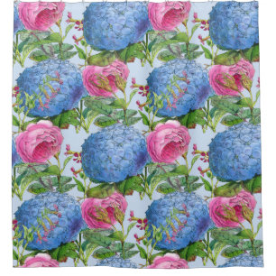Rideaux De Douche Hortensias et motif bleus géants de rose