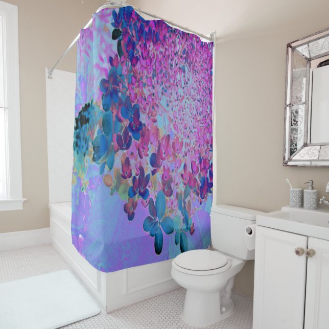 Rideaux De Douche Hydrangea Élégant Bleu Foncé et Magenta Limelight (En situation)