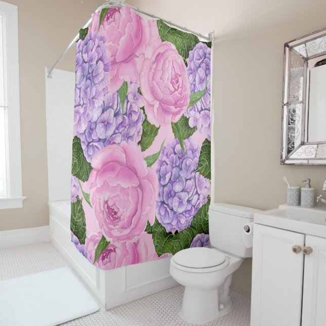 Rideaux De Douche Hydrangea et motif de pivoine (En situation)