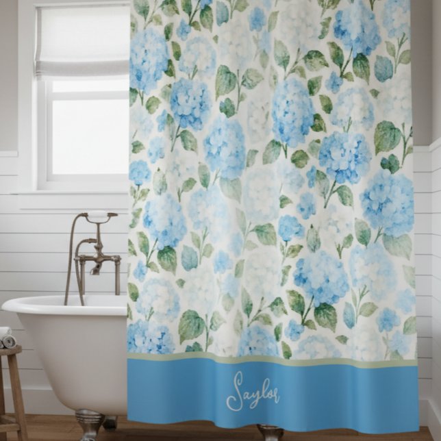 Rideaux De Douche Hydrangea Floral Nom Aquarelle Bleue (Créateur téléchargé)