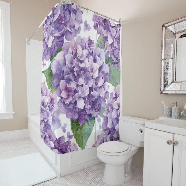 Rideaux De Douche Hydrangea Violette Fleur Lavande Aquarelle  (En situation)